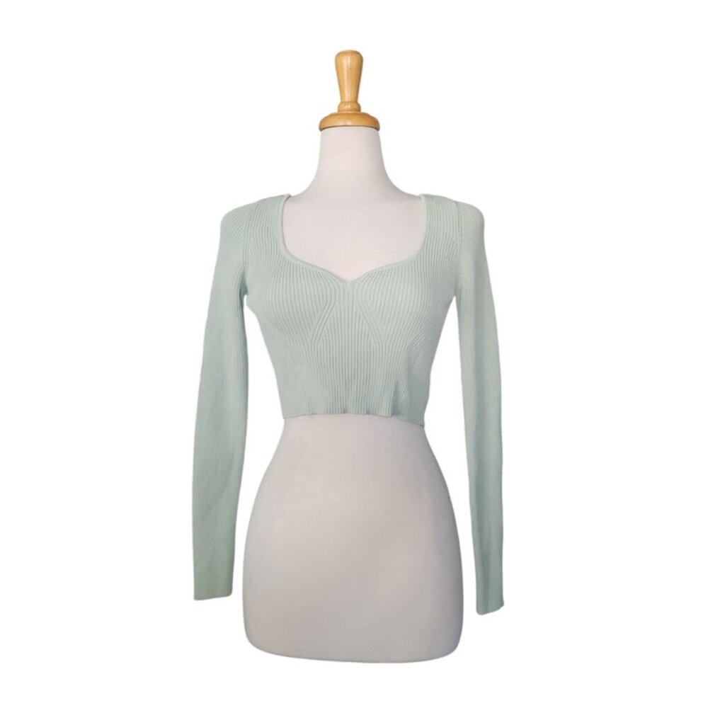 Princess Polly Green Sage Cropped Knit Top Women's M/L